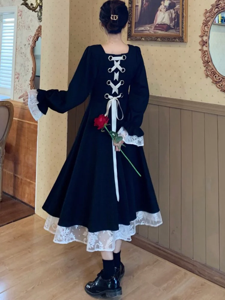 

2022 летнее весеннее кружевное лоскутное ТРАПЕЦИЕВИДНОЕ черное платье винтажные длинные миди платья с расклешенными рукавами бандажные пла...