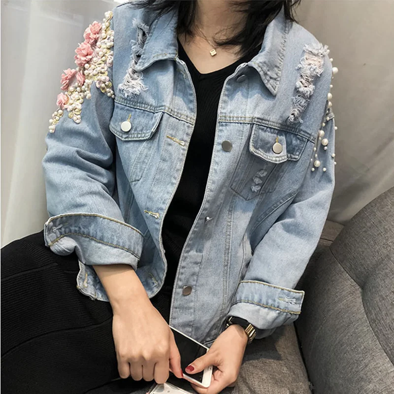 

2023Casual jacket,Women Embroidery Pearls Beading Short Denim Jeckets Coat Female Loose Frayed Holes Appliques Jean Jacket Outer