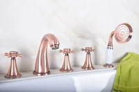 antique red copper brass three cross handles deck mounted 5 holes bathroom tub faucet mixer tap with handshower mtf200