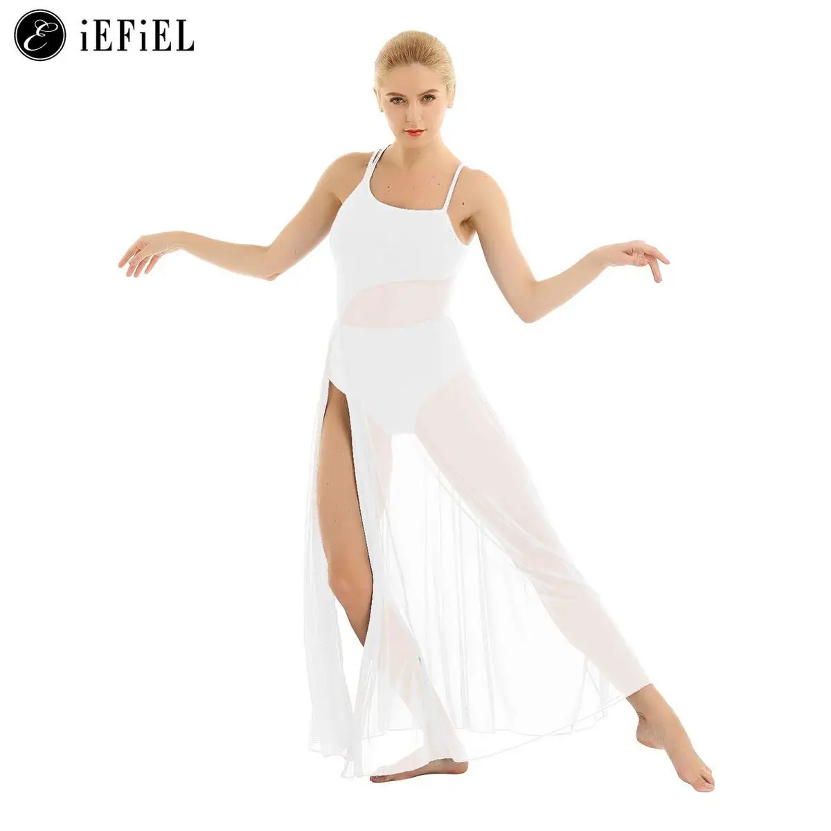 

Womens Lyrical Dance Dress Leotard Modern Contemporary Ballet Tulle Flowy Split Maxi Overlay Dress Dancewear