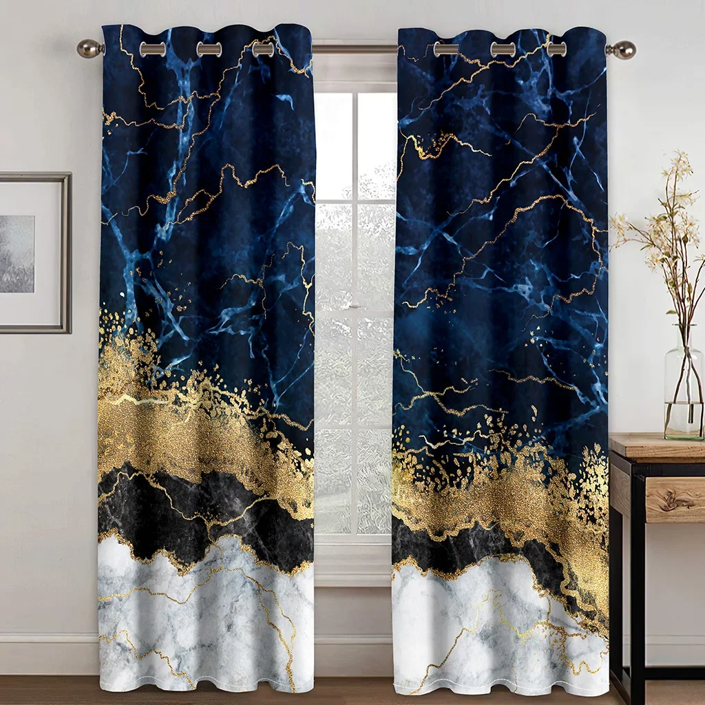 

3D Ready-made Abstract Marble Blue Design Cheap Tall Translucence 2 Pieces Curtains for Living Room Bedroom Window Drape Decor