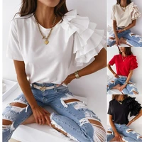summer t shirt women 2022 simple fashion ruffle short sleeve round neck ladies t shirt solid color y2k top women sexy tops