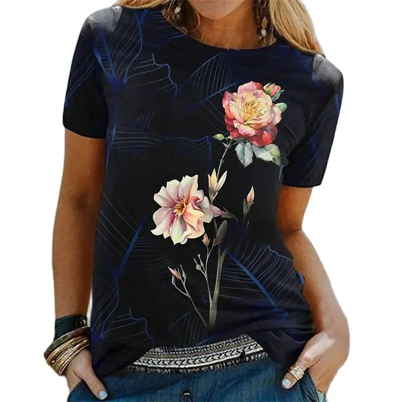 

2023 Summer New Women's 3d Short Sleeve T-shirt Pullover Tee Flower Sweater Harajuku Y2k Girls Round Neck Loose Clothing Tops