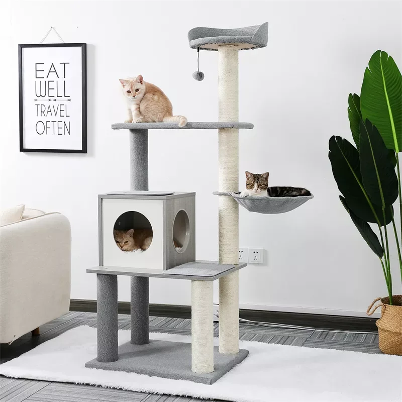

Free Shipping Multi-Level Cat Tree Modern Cat Tower Wooden with Scratching Post Condo Hammock and Hanging Ball Grey