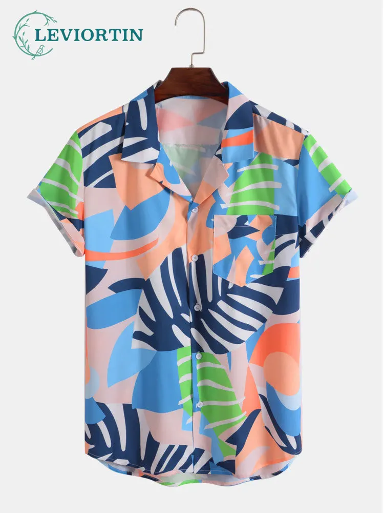 

2022 Summer Hawaiian Shirts Men Tropical Leaf Colorblock Print Beach Vacation Shirt