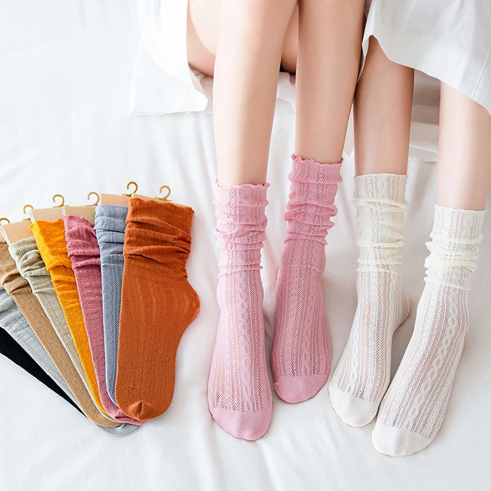 

Woman Socks 1 Pair New Hollow Socks Women's Mid-tube Socks Japanese Solid Color Mesh Breathable Thin Cotton Socks