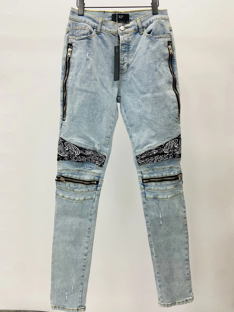 

2021SS Best Quality AMR New Jeans Knee Zipper Bandana Bike Jeans Men Women Distressed Denim Trousers