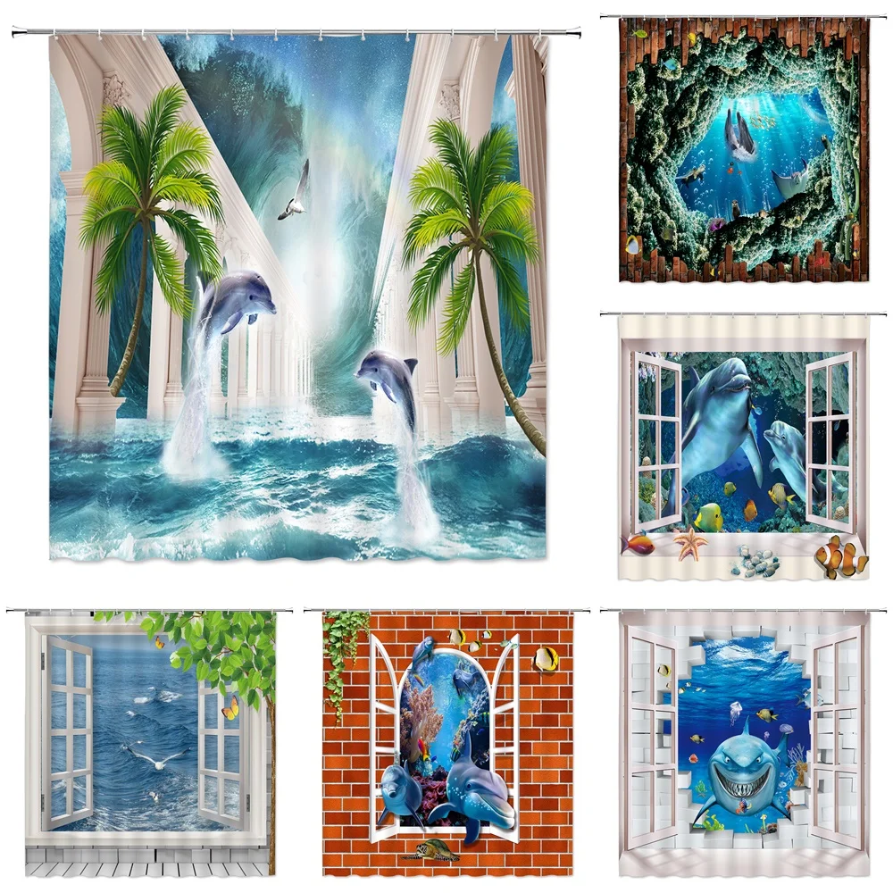 

Animals Shark Dolphin Ocean Shower Curtains Bathroom 3D Waterproof Polyester Curtain for Bathroom Decor Curtain Set with Hooks