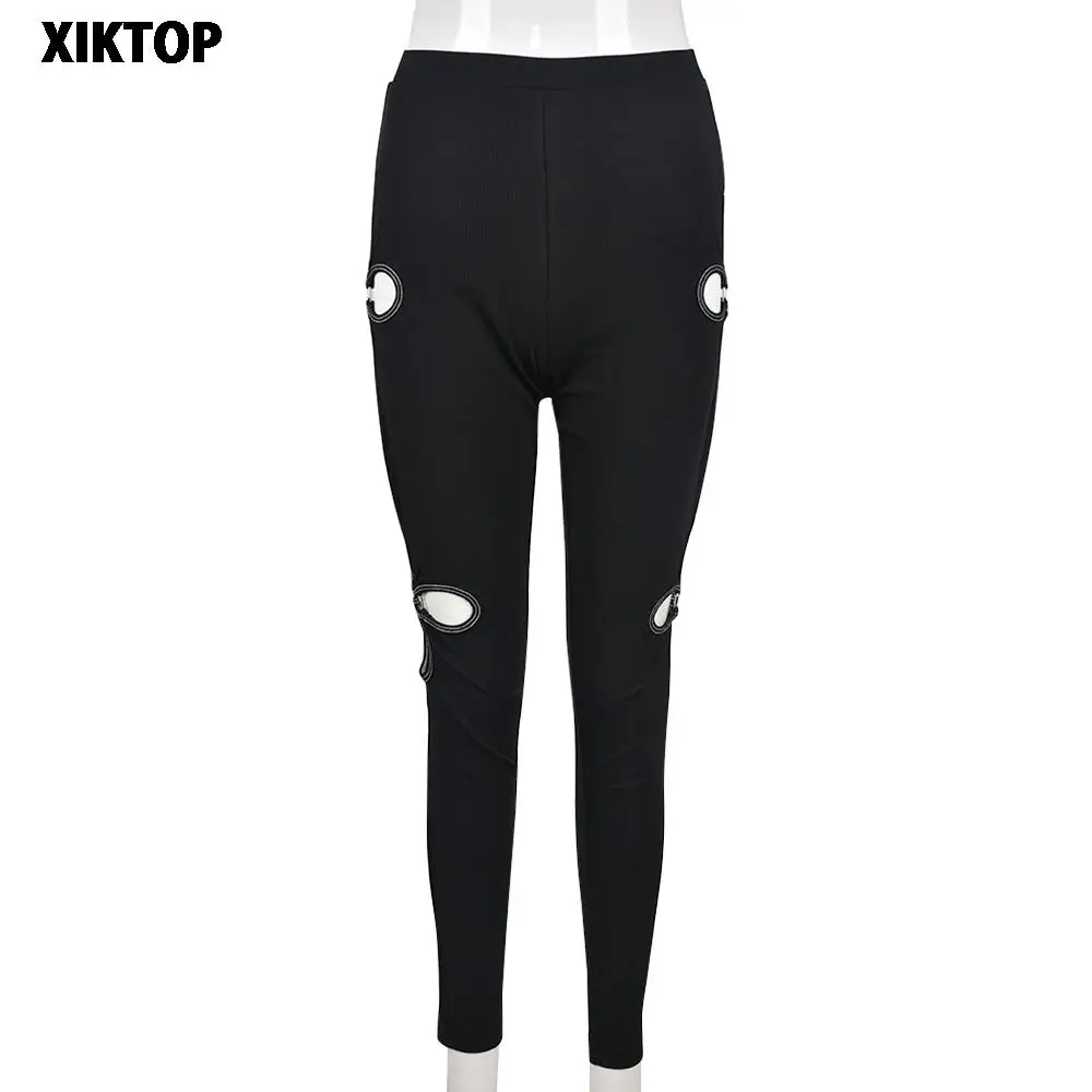 

Xiktop Floweral Patterm Hollow Out Pants Bodycon Sexy Club Style jogging Pants Women Fashion 2022 Autumn Wither Y2k Clothing
