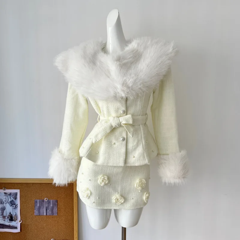 Корейский модный комплект с пальто и юбкой женский осенне-зимний из 2 предметов