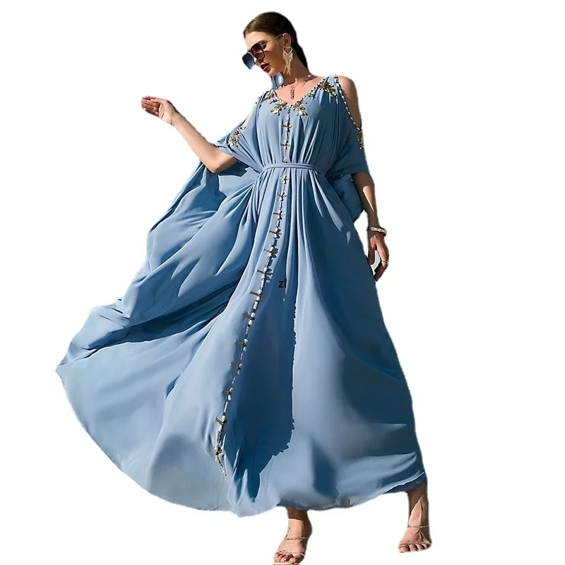 

Elegant Dresses For Women Summer Sexy Off Shoulder V-Neck Soft Dress Fashion Diamonds Abaya Travel Feminine Clothes