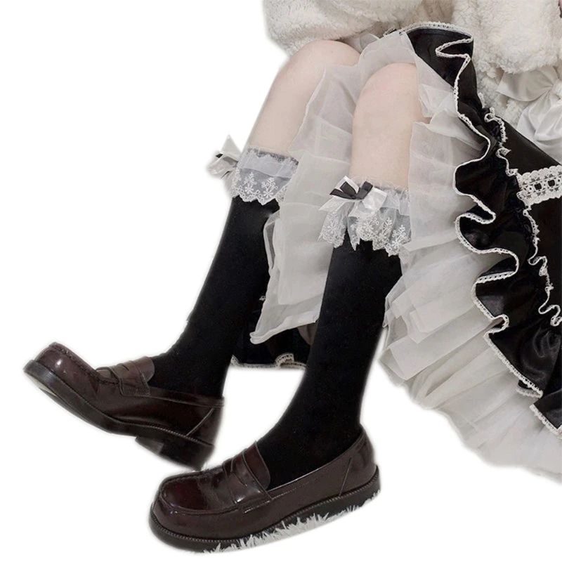Japanese Lolita Maid Cosplay Knee High Long Socks Sweet Layered Ruffled Lace Big Bowknot Kawaii Cotton School Uniform Tube