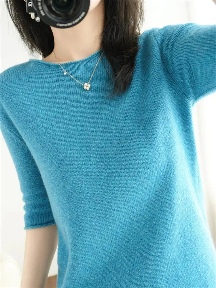 

Women Cashmere Autumn Version Tops New Knitted Femme Sweaters Spring Korean Sleeve Sweater Pull Short Round Pullover Women Neck