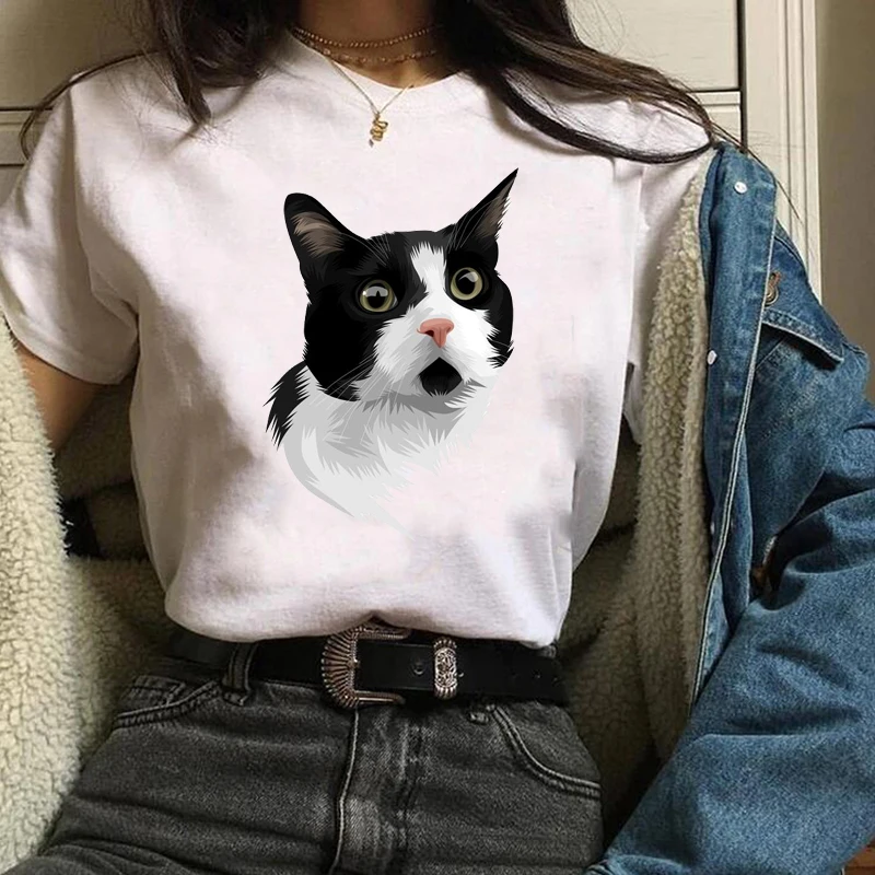 

Women Print Lovely Cat Face Mood Cartoon 90s Cute Animal Casual Printing Clothes Lady Tees T Shirt Tops Sweet Womens T-Shirt