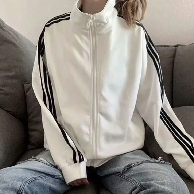 

Y2k Fashion Design Style Striped Sleeve Zipper Sweatshirts Autumn Hoodies Loose Versatile Tide Hoody Ladies Pocket Kpop Tops