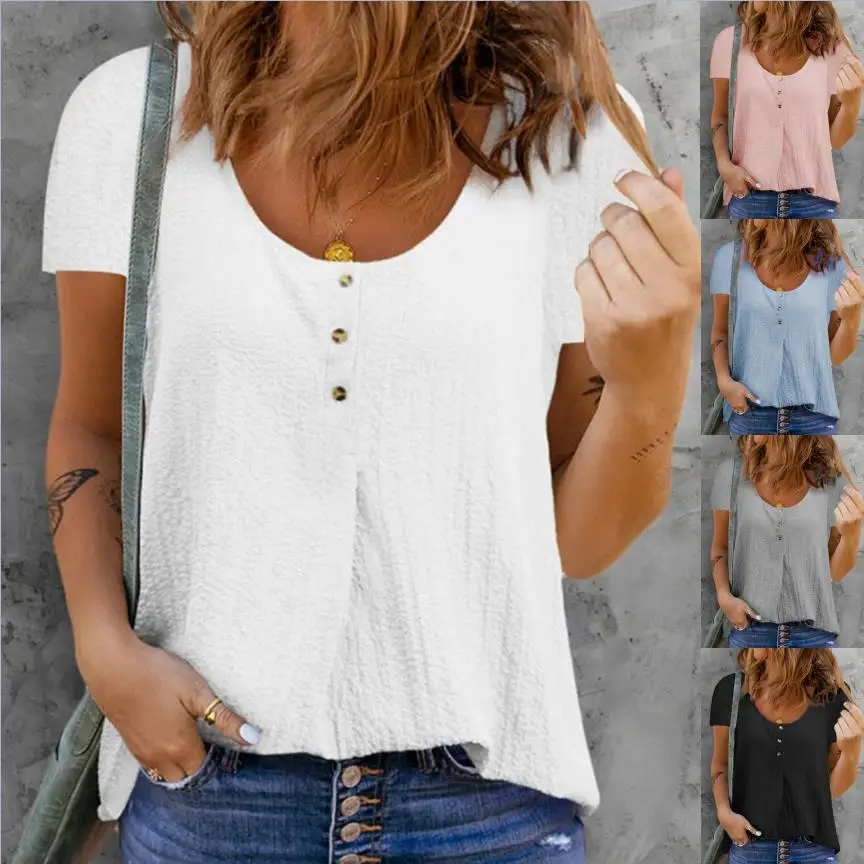 

2022 Summer Black White Tops Mujer Buttons O Neck Women Top Solid Color Casual Loose Cotton Linen Blouse Tunicas Mujer Verano