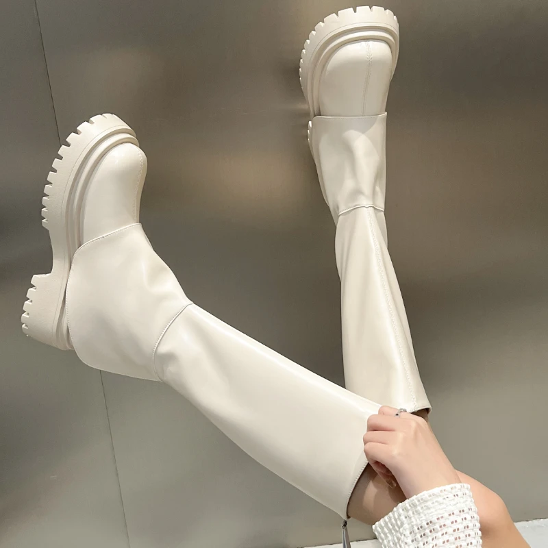 Women Platform Knee High Boots 2023 Autumn Gothic Shoes Round Toe Zip Long Riding Boots Female Fashion Ankle Booties Black Beige