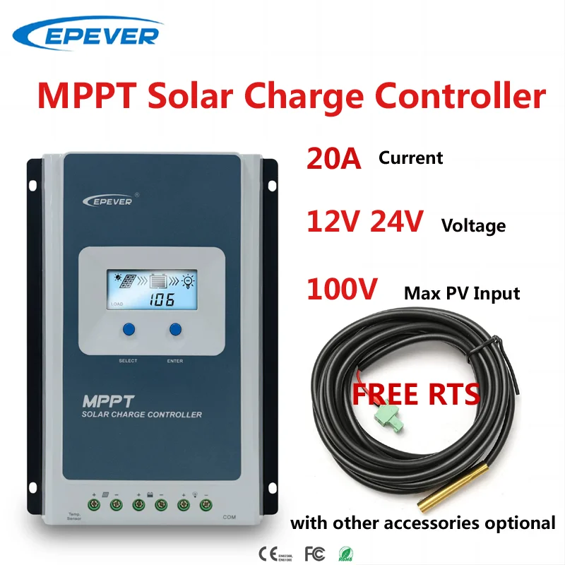 Контроллер заряда солнечной батареи EPEVER MPPT 20 А 12 В 24 в авто Max PV 100 в Tracer2210AN ЖК-дисплей MT50 USB WIFI BLE опционально