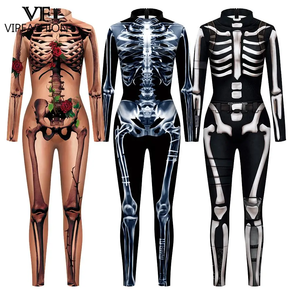 

VIP FASHION 3D Skeleton Had Cosplay Costumes Jumpsuit Halloween Fancy Romper For Women Lady Men Bodysuits