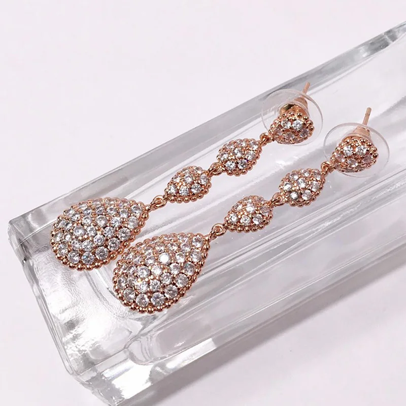 

High Quality Rose Gold Silver Gold Color Luxury Full Diamond Drop Shaped Long Earrings For Women Wedding Fashion Jewelry LE076