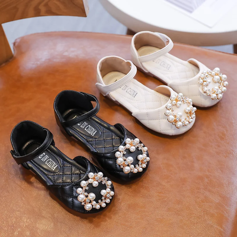 

2022 Girls Shoes Pearls Princess Shoes PU Leather Kids Flats Children Mary Janes Bead Non-slip Toddlers Shoes Spring Summer