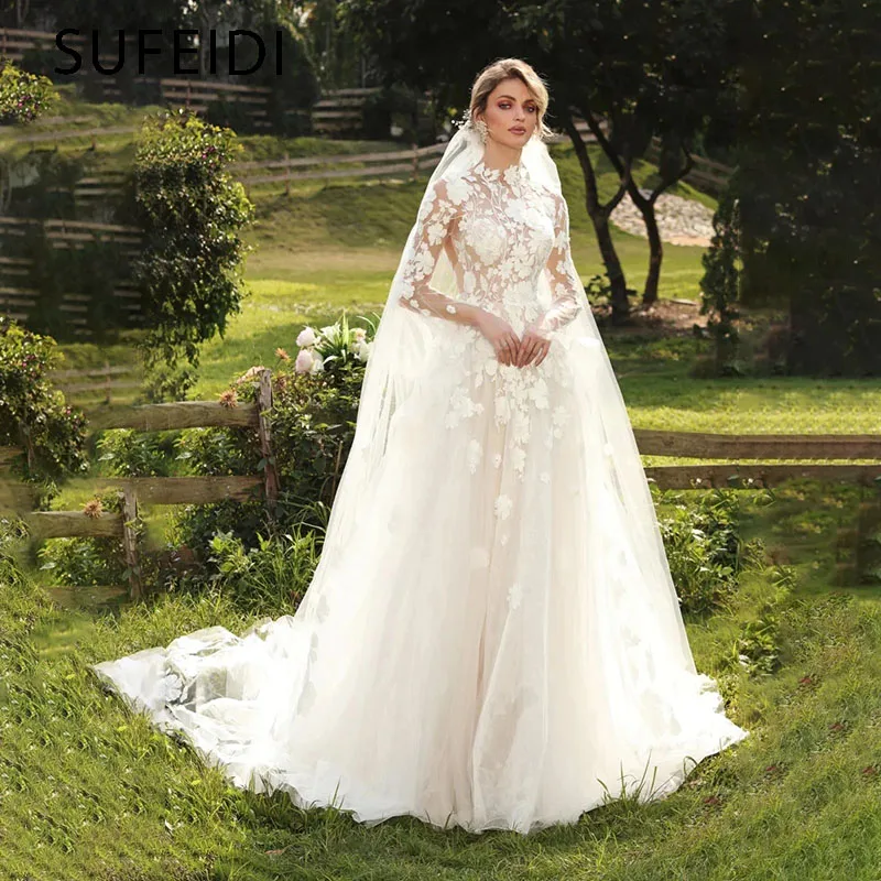 Кружевные свадебные платья с высоким воротом и длинным рукавом очаровательные в