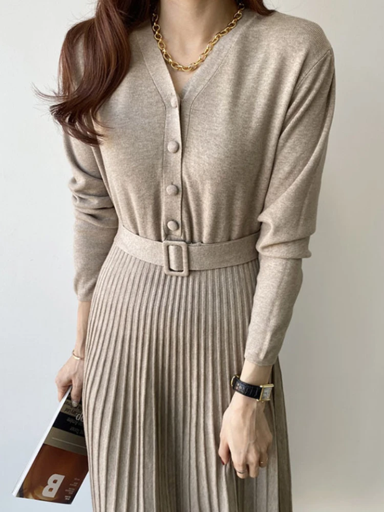 

Autumn Winter New Solid Color Medium Length Style Long Sleeve Knitted Dresses Elegant Dresses for Women Casual Versatile Skirts