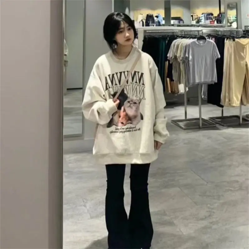 

2023 Korean Spring Autumn Lightweight Hiphop Sweatshirts Women High Street Vintage Loose Oversize Harajuku O-neck Chic Top Mujer