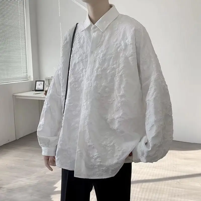 Black White Stereoscopic Printing Turn-down Collar Shirts Casual Four Seasons Men's Clothing Single Breasted Korean High Sense