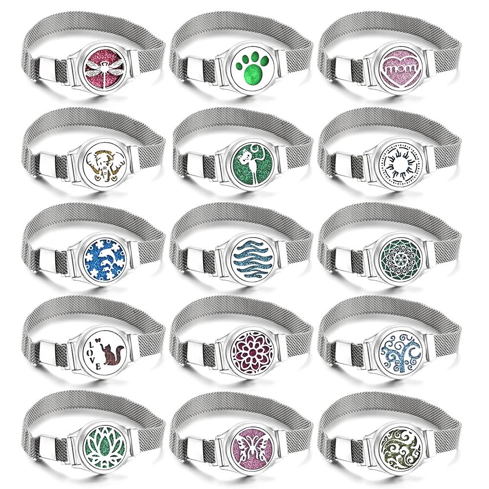 

28mm High Quality Multiple Patterns Aromatherapy Bracelet Stainless Steel Essential Oil Diffuser Watch Wristband Bangles Jewelry