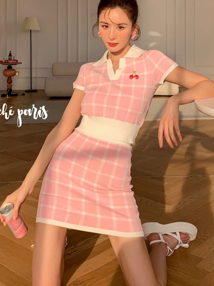 

Женский трикотажный комплект из 2 предметов, милый клетчатый комплект из пуловера и облегающей юбки в Корейском стиле