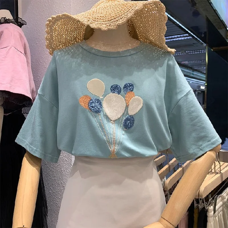 

Cotton Balloon Embroidery Women T-Shirts Summer New Design 2022 Sweet Style O-Neck Slim Elegant Female Pulls Tops Tees
