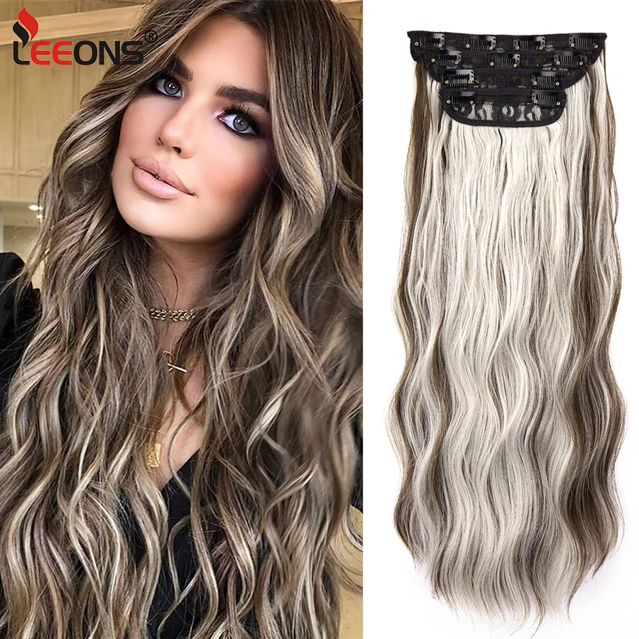 

Synthetic 11 Clip In Hair Extensions Highlights Brown Blonde Curly Wavy 4Pcs/Set Thick Hair Extensions Clip In For Women Girls