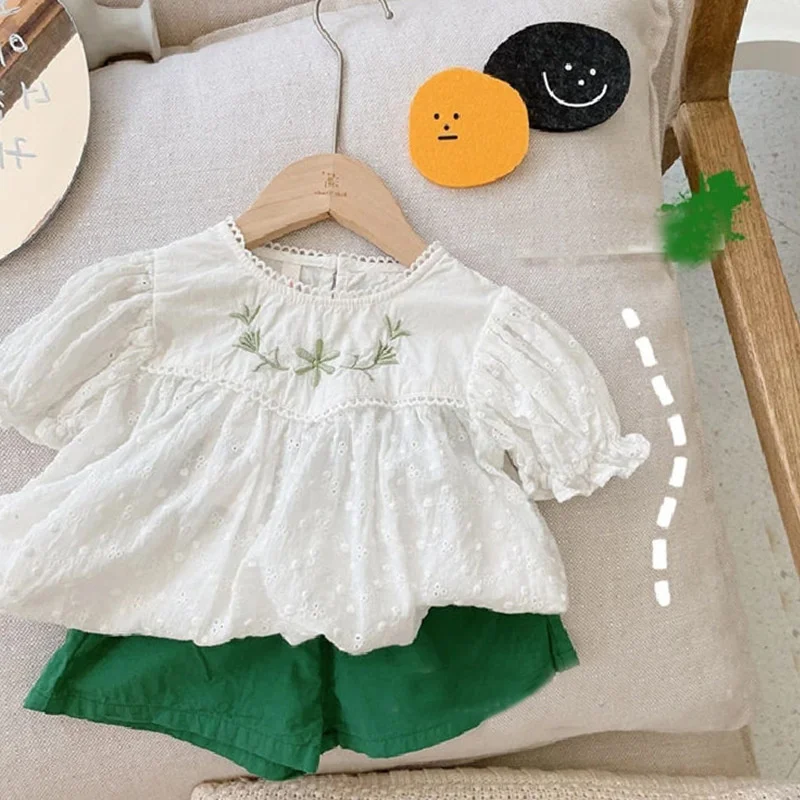 

Girls' Summer Suit Fashionable Foreign Style Girls Baby Korean Version Puff Short Sleeve Green Pants Children's Two-piece Best