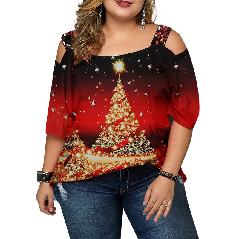 

Women's Plus Size T Shirt Christmas Tree Printed Painting Off Shoulder Short Sleeve Oversized Tee Peplum Tops Women Ropa Mujer