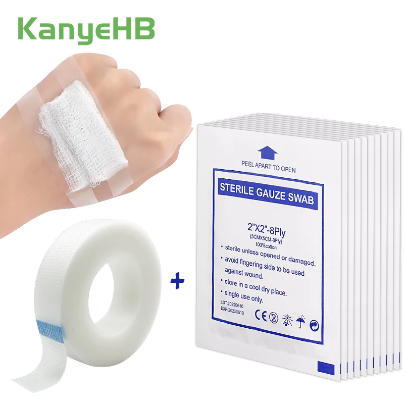 

10Pcs Sterile Gauze+1Pcs Medical Tape First Aid Breathable Wound Dressing Band Aid Wound Hemostasis Care Medical Supplies A1587