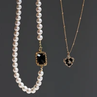 korean version of the personality retro black gemstone pearl necklace female exquisite double love pendant necklace