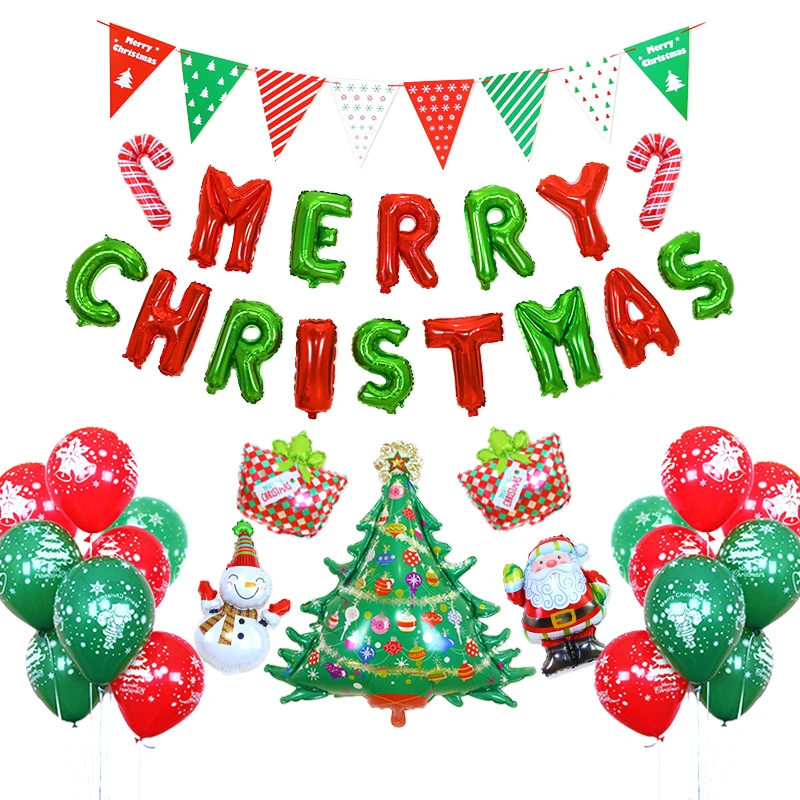 

Christmas Party Balloon Set Santa Claus Gift Bag Pull Flag/Red And Green Letters Decorations For 2023 New Year Globos Navidad