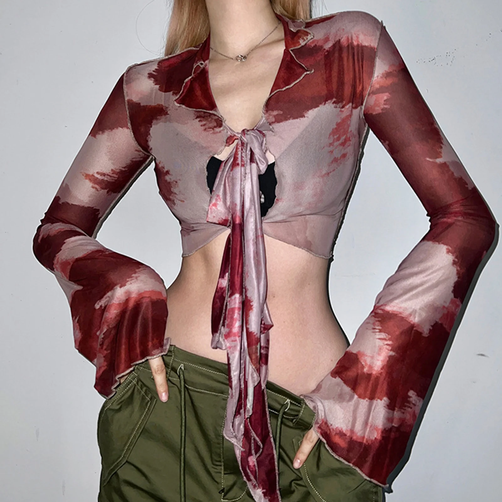 

Summer Expose Navel Short Tops Bandage Printing Mesh Top Creative Turndown Collar Slim Fit Soft Vintage for Girls Shopping Party