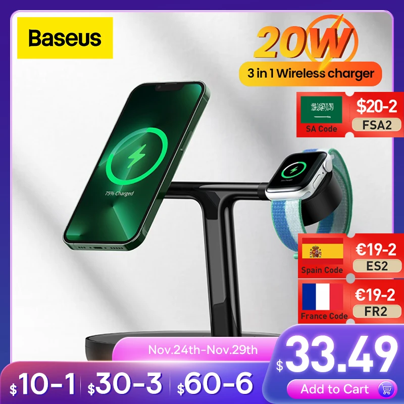 

Baseus Swan 3 in 1 Magnetic Wireless Charger Stand 20W for iPhone 13 12 pro max Apple Watch 6 SE Airpods Pro 2 3 Charger Holder