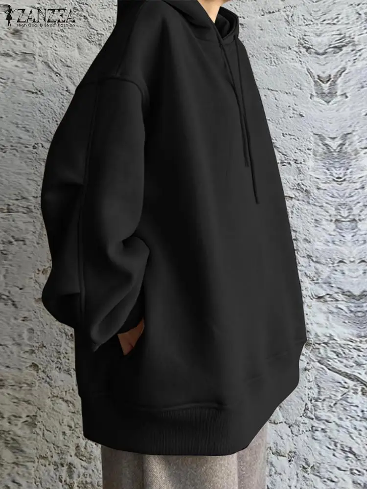 

Толстовки и свитшоты большого размера, повседневные однотонные свободные топы с длинным рукавом и капюшоном, модные праздничные Блузы ZANZEA, ...