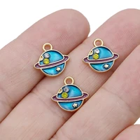 10pcs gold plated blue enamel crystal planet charm pendant for jewelry making bracelet necklace diy accessories craft 13x12mm