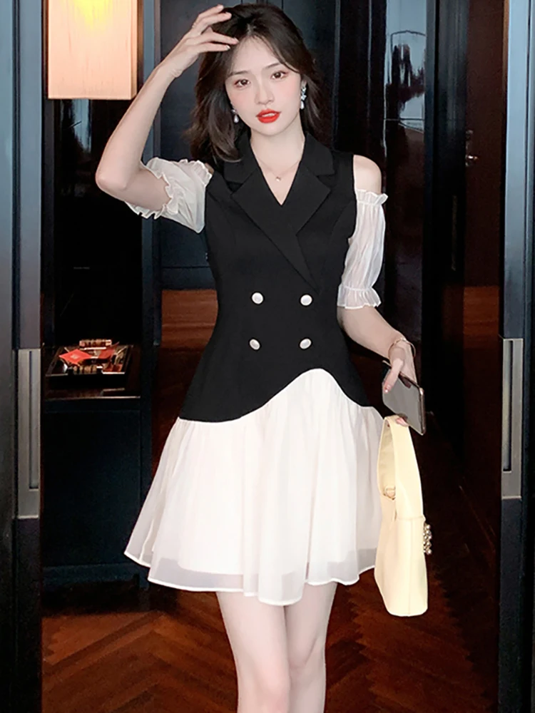 

Летнее черное Сетчатое сексуальное мини-платье с имитацией двух частей, женское Повседневное платье с пышными рукавами для вечерние и выпускного вечера, корейское элегантное офисное женское платье 2023