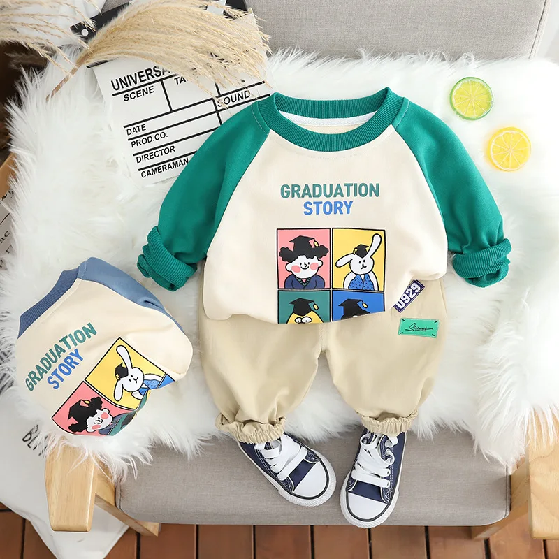 

Корейский костюм для мальчиков из 2 предметов, толстовка с длинным рукавом и мультяшным принтом, повседневные штаны, наряд для маленьких мальчиков, осень-весна 2023