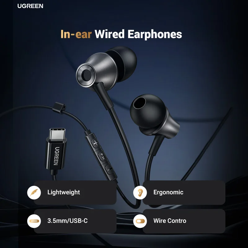 Проводные наушники-вкладыши UGREEN 3 5 мм USB Тип C с микрофоном