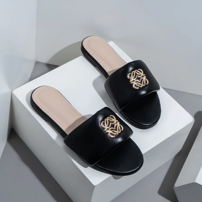 Fashion Designer Shoes Metal Buckle Mules Slippers Beach Flat Sandals Women