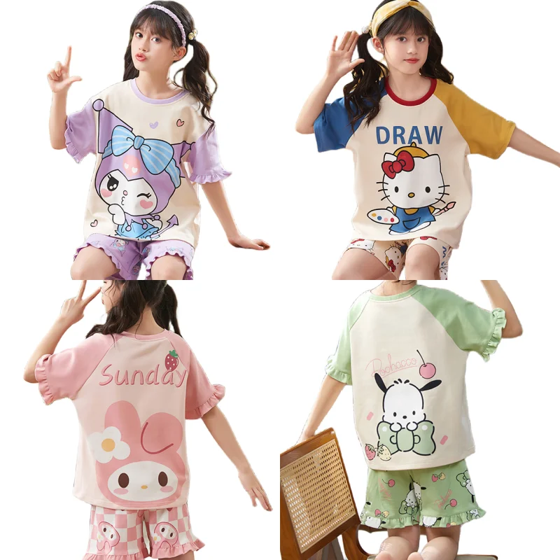 

Летняя хлопковая Детская Пижама Sanrios Kuromi Cinnamoroll Hellokittys, милые Мультяшные шорты с коротким рукавом, кавайная домашняя одежда
