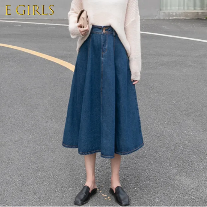 E GIRLS Denim Skirts Women Folds Autumn Mid-calf Fashion Solid All-match A-line Streetwear Elegant Casual Females Daily Vintage