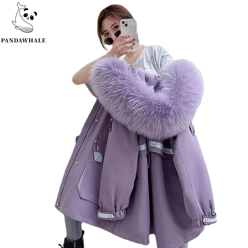 New Winter Jacket Women 2022 Rex Rabbit Fur Liner Detachable Cotton Coats Hooded Long Thick Warm Padded Parkas Famale Clothing