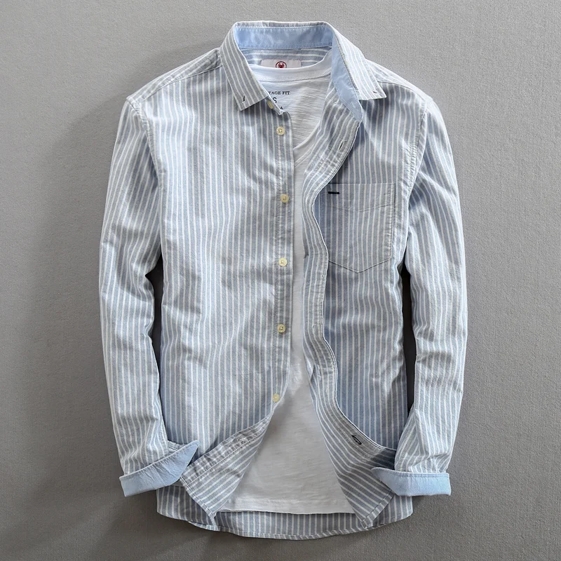 

Men Spring New Oxford Long Sleeved Dress Striped Shirt Cotton Casual Loose Male Lapel Trend Autumn Mens Jacket Outerwear